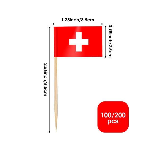 AhfuLife 100/200pcs Switzerland Toothpick Flags Cake Toppers, Swiss Cocktail Stick Flag for Sandwich Food Cupcake Toppers Tableware World Cup Party Supplies Pub Royal Event Decor (100 Pcs)