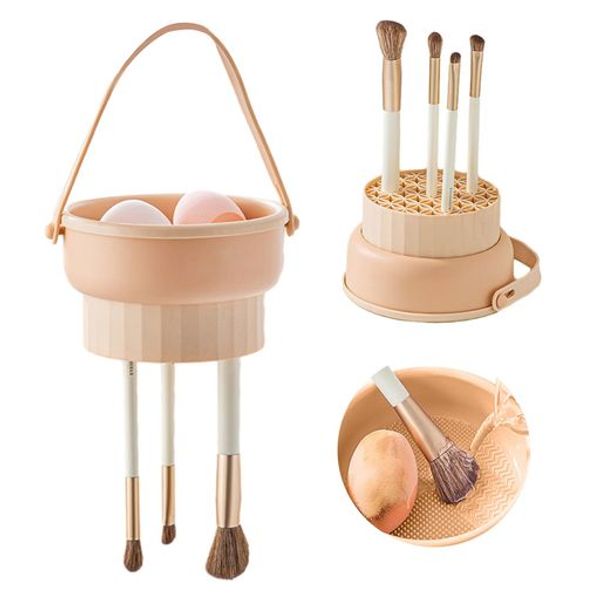 ANINAKO Makeup Brush Cleaner, Cleans, Drys, and Stores Makeup Brushes, 3-in-1 Makeup Brush Set, Stylish, Odorless, Puff Cleaner, Sponge Cleaner, Foldable, Stand, Silicone (Apricot Color)