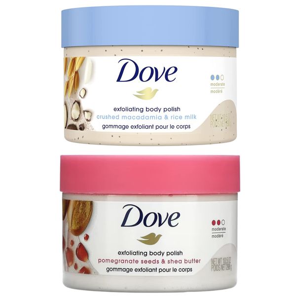 Dove Exfoliating Body Scrub Polish Crushed Macadamia & Rice Milk and Pomegranate Seeds & Shea Butter