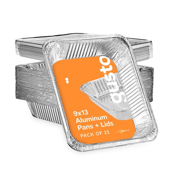 GUSTO [25 Count 9x13-Inch Aluminum Foil Pans, Half Size Deep Steam Table Pans with Lids (Formerly Comfy Package)