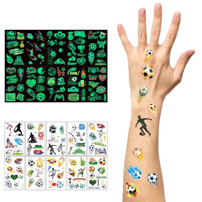 20 Fußball-Tattoo-Aufkleber für Kinder, Sportunterricht temporäre Tattoo-Aufkleber,10 leuchtende Fußball-Tattoo-Aufkleber, 10 wasserdichte Tattoo-Aufkleber für Fußballpartys, Kindergeburtstage usw.