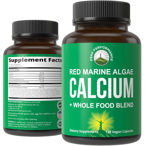 Plant Based Calcium - Red Marine Algae Calcium Supplement with Vitamin C, D3, K, Magnesium, and Whole Food Vegetable Blend. Vegan Capsules for Bones and Joints. 120 Calcium Pills, Tablets