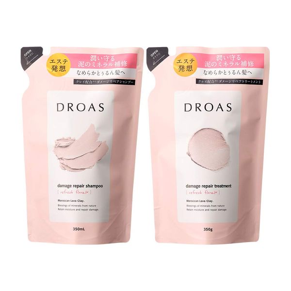 DROAS Damage Repair Shampoo and Conditioner, Refill Pack, Refreshing Floral Scent, Damage Care, Mud, Moisturizing, Complete Formula, Hair Color, Smooth Texture, Color Retention