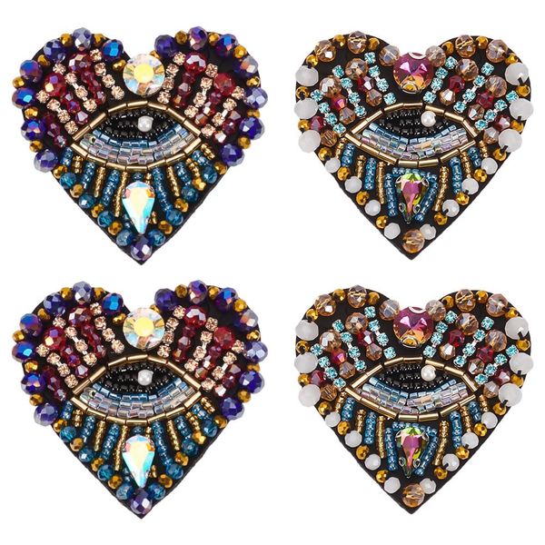 INFUNLY 4Pcs Love Heart Eye Rhinestone Bead Patch 4.1x2.9in Heart-Shaped Eye Sew On Patches Handmade Bling Eye Applique Fabric Sequin Diamond Patch for Clothes Jeans Jacket Clothing Bag Arts Crafts