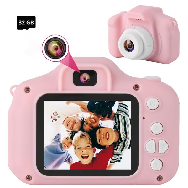 SVZIX Children's Digital Camera, Mini Dual Camera Rechargeable Children's Camera Gift, Aged 3 to 9 Years Old, 8 Million high-Definition Video 2-inch Outdoor Game Screen,32GB Card/Pink