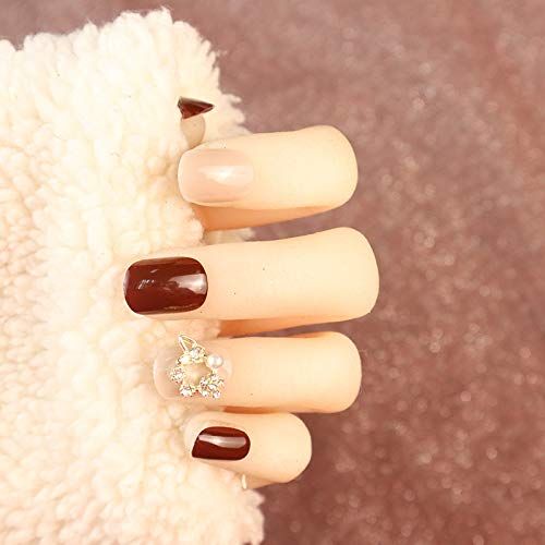 24 Pcs Nail Tips Short Cute False Nails Girls Women Fashion Double Sided Adhesive Tape Wine Color Nails Nails