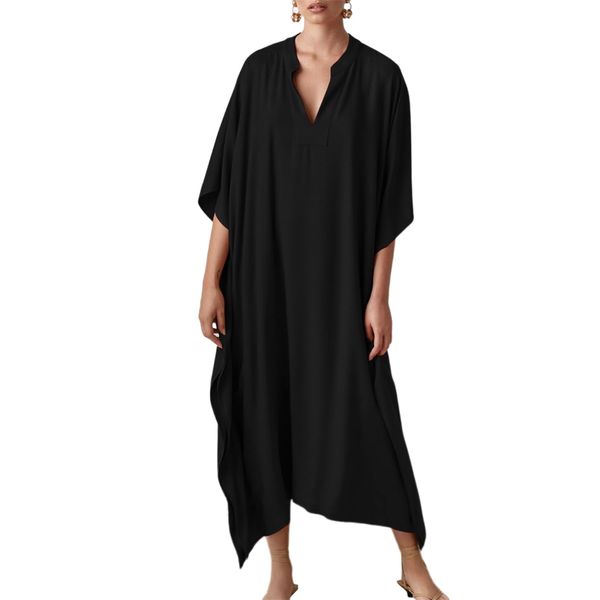 Bsubseach Women Black Silky Kaftan Dresses Batwing Sleeve Swimsuit Cover Up V Neck Caftan Maxi Dress Summer