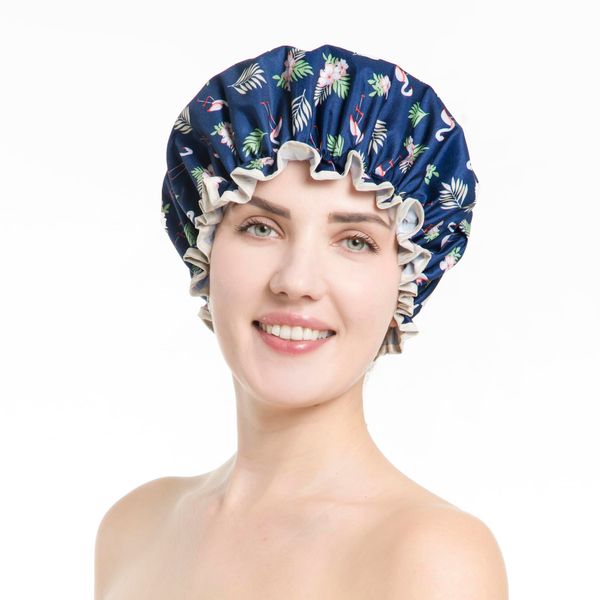 HieerBus Shower Cap,Reusable Bath Shower Caps,Oversized Double Layer Waterproof Bathing Shower Hat Hair Protector with PEVA Lining & Elastic Band Stretch Hem Hair Hat for Women Men (Flamingo-Blue)