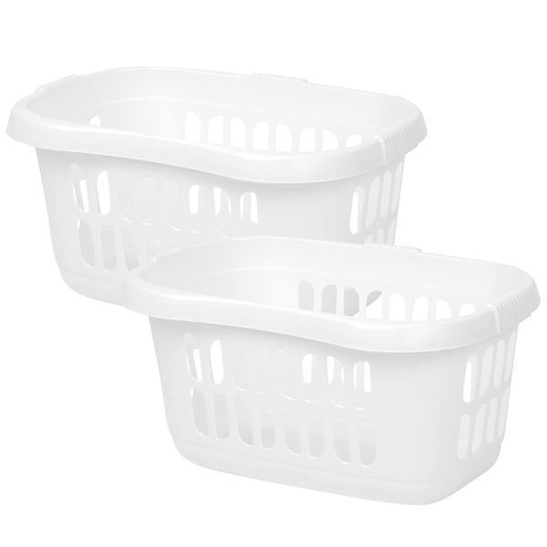 (Set of 2) - 60L Litre Plastic Hipster Laundry Basket Washing Clothes High Grade Linen Storage Bin Tidy Storage Basket Organiser for Bathroom Laundry Room Kids Nursery (Ice White)