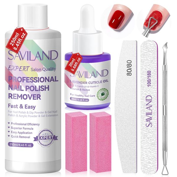 Saviland Pure Acetone Nail Polish Remover: 100% Acetone Acrylic Remover Kit With Vitamin E Cuticle Oil Nail Files Nail Buffers Cuticle Peeler For Acrylic,Nail Glue,Nail Gel,Builder Gel Remover