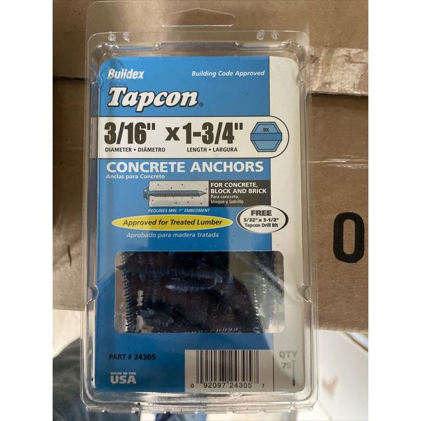 Tapcon Concrete Screw Anchor 3/16X1 3/4 Inch SAE Hex ACQ Rated Polymer 75 Pack