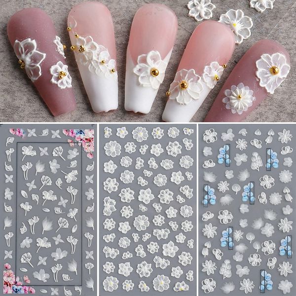 LANODO 3 Pcs Nail Stickers, 5D Flowers, Black and White Lace, Multiple Styles, DIY Nail Sticker Set