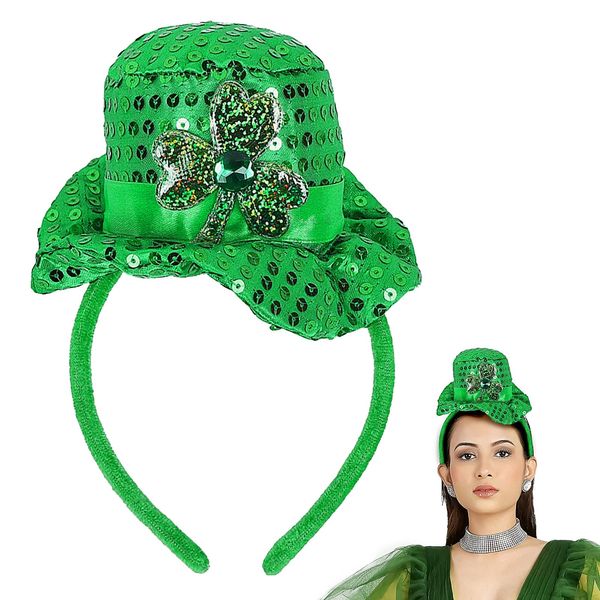 Doneace St. Patrick's Day Headbands for Kids Green Top Hat Headband Irish Sequin Shamrock Leprechaun Hat Hairband Irish Day Headpiece Hair Hoop Holiday Cosplay Costume Cute Hair Accessories 1Pcs