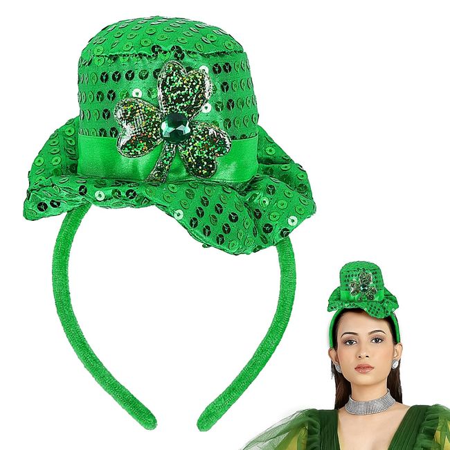 Doneace St. Patrick's Day Headbands for Kids Green Top Hat Headband Irish Sequin Shamrock Leprechaun Hat Hairband Irish Day Headpiece Hair Hoop Holiday Cosplay Costume Cute Hair Accessories 1Pcs