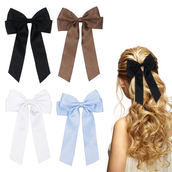 4 Pack Hair Bows Hair Clips Satin Bows for Hair, Black Bow Hair Clips Hair Accessories for Girls and Women(4 Colors-02)