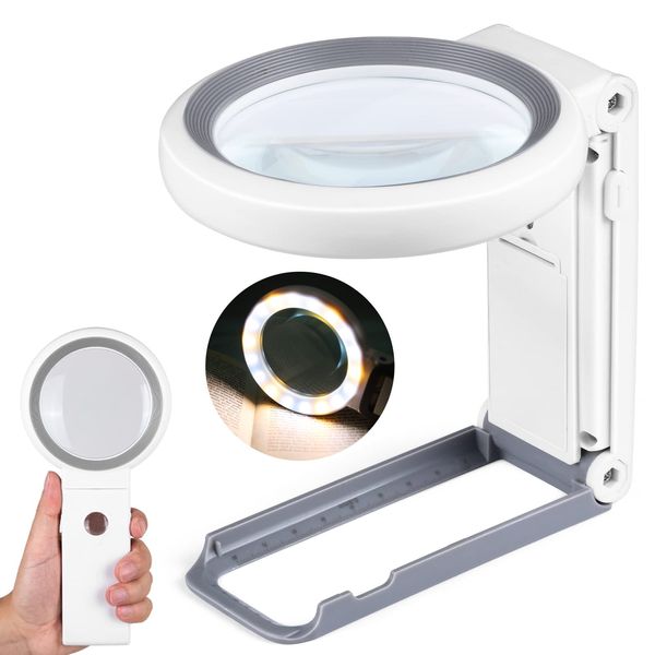 30X 40X Magnifying Glass with Light and Stand, Folding Handheld Magnifying Glass 18 LED Illuminated Lighted Magnifier for Macular Degeneration, Seniors Reading, Close Work, Coins, Jewelry (Black-w）