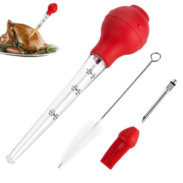 JY COOKMENT Turkey Baster with Barbecue Basting Brush, Baster Syringe for Home Baking and Roaster Turkey, Include Detachable Food Grade Silicone Bulb, Meat Injector Needle and Cleaning Brush