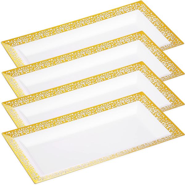 Disposable Serving Trays and Platters Set, Pack of 4-7.5 x 14 Inches White Plastic Rectangular Tray with Gold Lace Rim - Gold Serving Tray Decorative Plastic Dessert Trays for Dessert Table, Parties