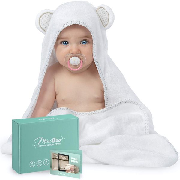 MINIBOO Organic Bamboo Hooded Baby Towel – Ultra Soft and Super Absorbent Baby Bath Towels for Newborns, Infants and Toddlers – Suitable as Baby Gifts