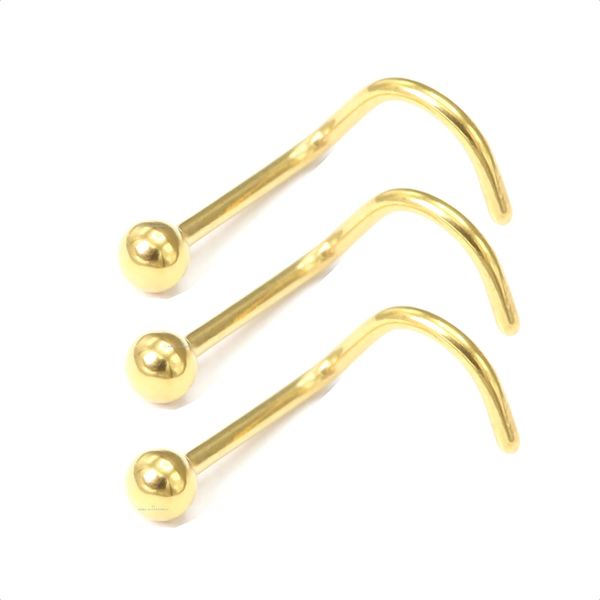 3pcs Gold Nose Stud Hook Screw Curve Plain Ball 2.5mm Body Piercing