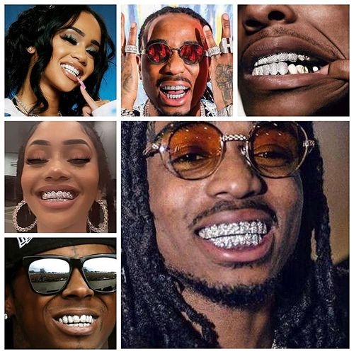 HH BLING EMPIRE Iced Out Diamond Teeth Grillz for Men Women Hip Hop Silver Gold Grills for your teeth Top and Bottom, Rapper Costume Teeth Jewelry and Accessories (Silver)