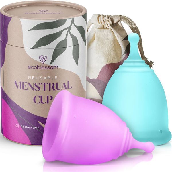 EcoBlossom Reusable Menstrual Cup Set - The Most Reliable Medical Grade Silicone Period Cups - Comfortably use for 12 Hours (2 Small Cups)