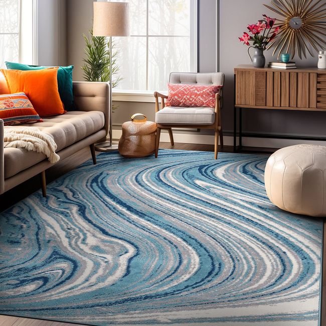 Rugshop Area Rug Contemporary Abstract Swirl Stain Resistant Soft Blue Rugs 5x7