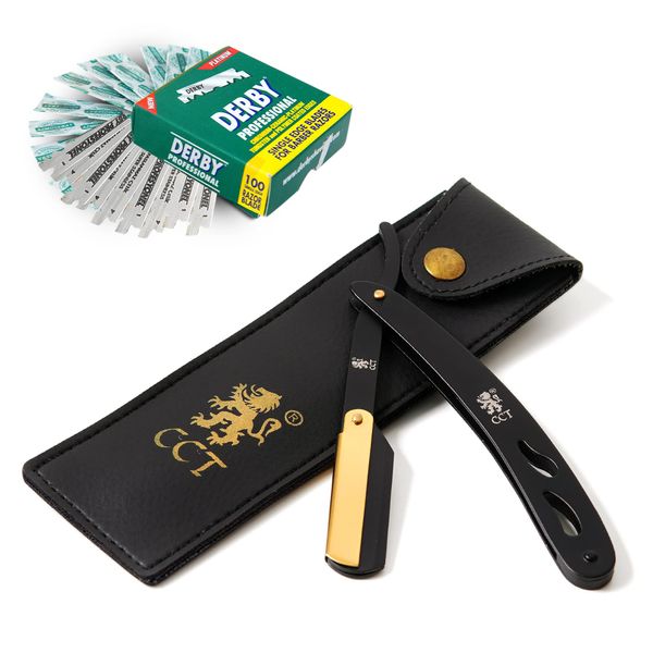 The Cambridge Cutthroat® Straight Edge Razor Kit with 10 Blades Stainless Steel Black & Gold Professional Barber Cut Throat Razor, Premium Mens Single Blade Razor, Beard Shaper, Travel Pouch Included