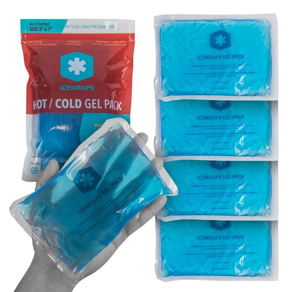 ICEWRAPS 5x7 Gel Ice Packs For Injuries Reusable | Hot Cold Gel Pack for Injuries, Pain Relief, and Migraines | Soft Ice Pack For Arm, Leg, and Back Brace | Flexible Gel Compress Ice Packs | Pack of 4