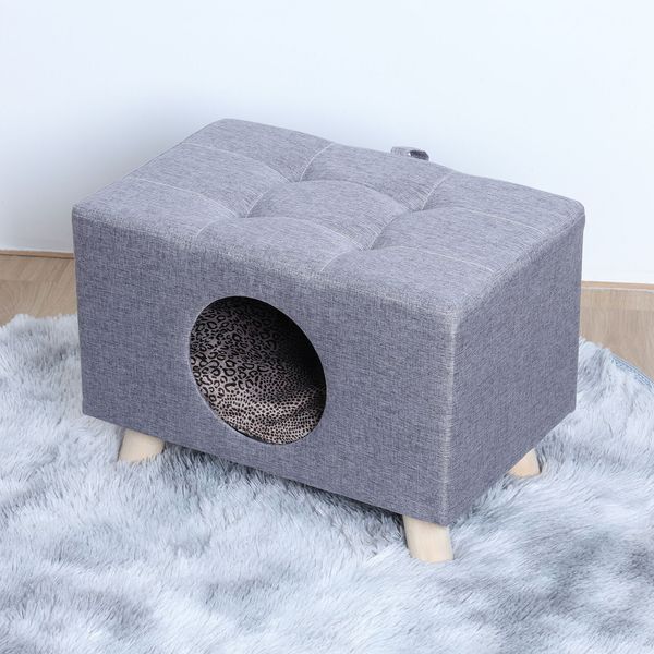 Pet House Bench，Wood Pet House Cat Cave with Mat,Cube House Cats & Small Dogs