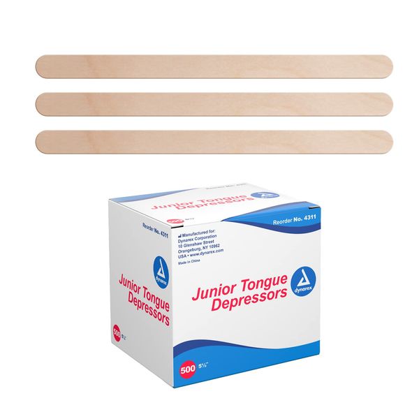 Dynarex Tongue Depressors Wood, Junior 5 ½", Non-Sterile, with Precision Cut and Polished Smooth Edges, for Medical Use and Other Applications, 1 Box of 500 Tongue Depressors, 5 ½"