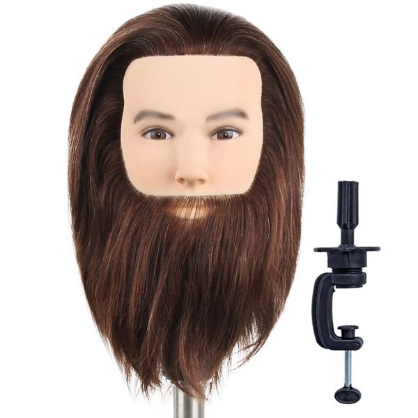 NEWSHAIR Male Mannequin Head with Beard 100% Human Hair Haircut Training Head with Thick Hair Hairdresser Manikin Head Doll Head for Styling and Practice Handsome Face Adult Head Size (8-10Inch 3B#)