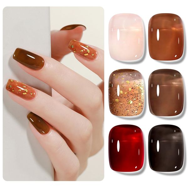 Shining She UV Nagellack, 6 Farben Rot Schwarz Nude Rosa Kaffee Braun Karamellbraun Jelly Nail Polish UV, Herbst Winter Transparent Schellack Set Soak-Off UV Lack für Anfänger DIY Nail Art, 8ml