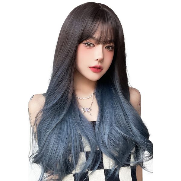 FESHFEN Wig, Long, Wig, Full Wig, Curly, Natural, Cross-Dressing, Wig, Wave, Gradient, Women's, Harajuku Style, Wig, Fashion, Daily Cosplay, Lolita, Small Face, Popular, Cute, Heat Resistant, Net/Comb, Gradient Black x Blue