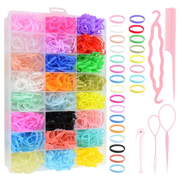 2000 Pcs Elastic Hair Bands with Organizer Box, XIACIBDUS 24 Colors Rubber Bands for Hair, Soft Mini Hair Ties with Topsy Tail Hair Tool, Hair Bands for Women Girls Toddler