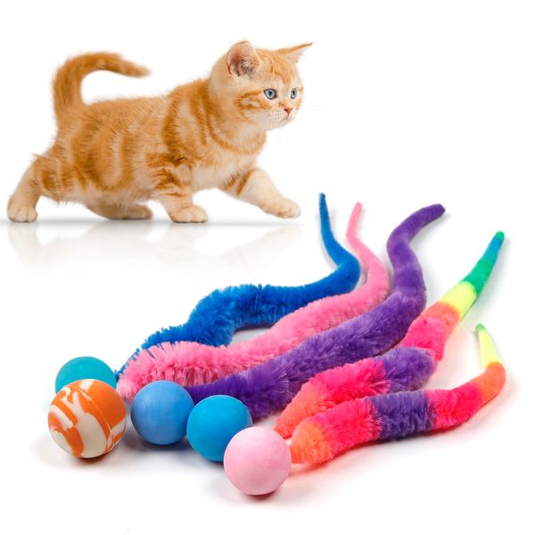 SHENGSEN Mixed Bouncy Ball with Tail Cat Toys-5 Packs,Rainbow Magic Worm with Ball Toy for Cats,Colorful Fuzzy Worm Bouncy Balls Cat Toy