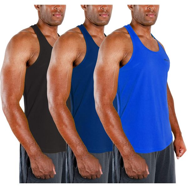 DEVOPS 3 Pack Men's Y-Back Dri Fit Muscle Gym Workout Tank Top (Medium, Black/Navy/Blue)