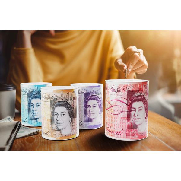 2 x Tin MONEY BOX ® - One Supplied by MONEY BOX, SAVINGS STERLING MONEY TIN, 15 x 10 x 10 cm