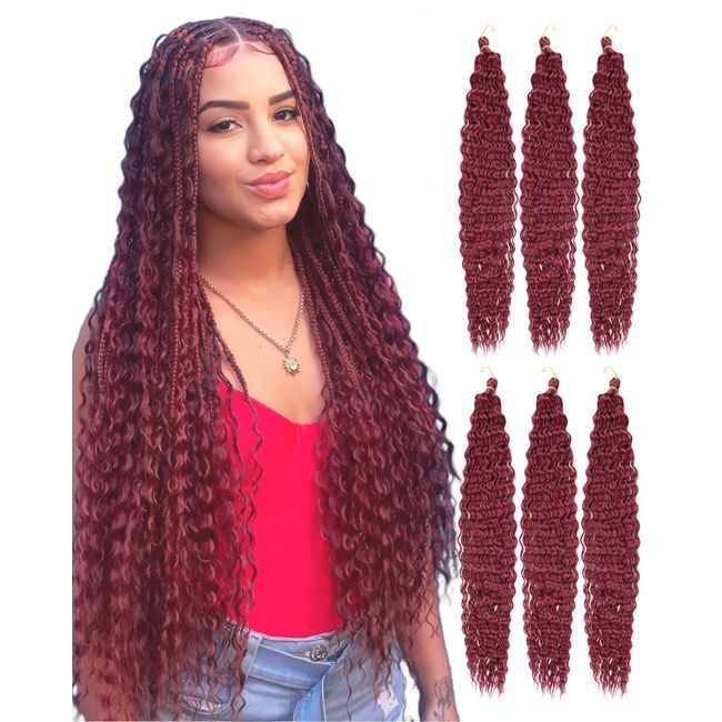 Water Wave Crochet Hair Curly Braiding Hair 24 Inch Ocean Wave Crochet Hair for Wavy Bohemian Boho Braids Deep Wave 6 Packs burgundy