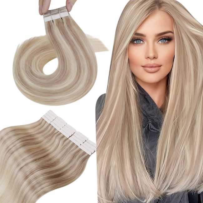 Tape in Extensions Echthaar Blond Extensions Echthaar Tape in Aschblondine mit Blond Extensions Tape in Haarverlangerung Remy #18/613 50g 60 cm