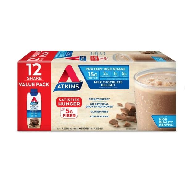 Atkins Milk Chocolate Delight Protein Shake, High Protein, Gluten Free, 12 Ct