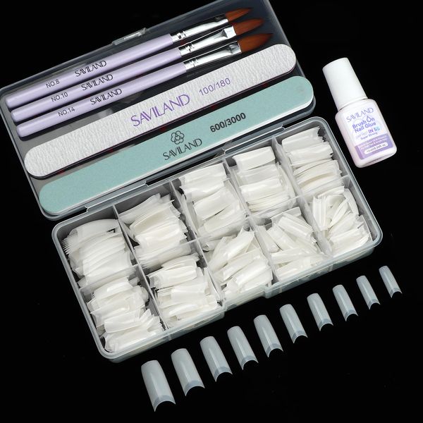 Saviland Acrylic Nail Tips with Glue: Half Cover False Nails Tips 250Pcs 10 Size French Tips and Acrylic Nail Brush 8/10/14 Fast-Dry Nail Glue with Bush for Acrylic Extensions Acrylic Nails Stater Kit