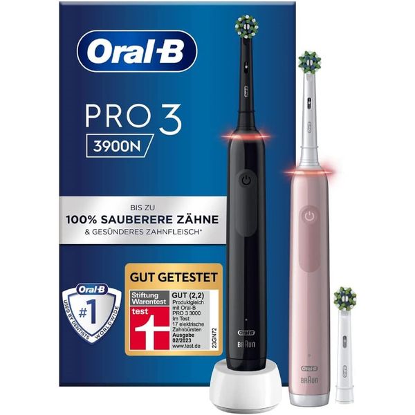 Oral-B Pro 3 3900 Elektrische Zahnbürste/Electric Toothbrush, Doppelpack & 3 Aufsteckbürsten, mit 3 Putzmodi und visueller 360° Andruckkontrolle für Zahnpflege, Geschenk Mann/Frau, schwarz/pink