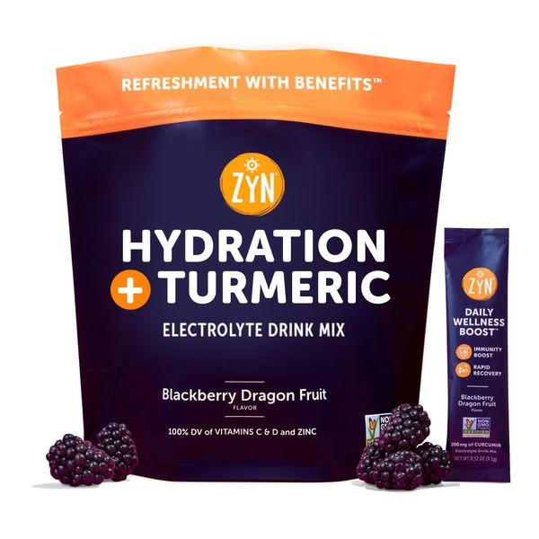 ZYN Turmeric Electrolyte Powder Drink Mix Hydration Packets 32 Servings | BlackBerry Dragonfruit | Healthy Electrolytes Powder with Turmeric Powder, Vitamin C, Zinc & Curcumin