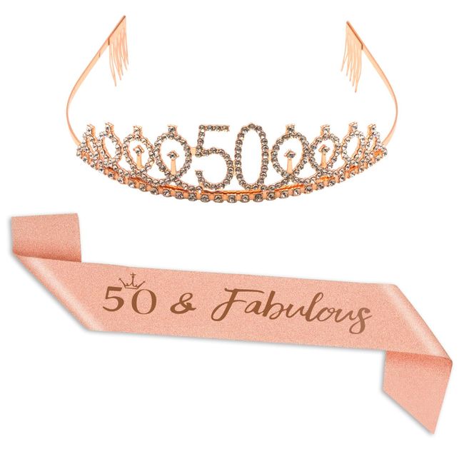 Dohia 50th Birthday Tiara and Sash Kit 50th Birthday Gifts for Women Rose Gold 50th Birthday Crown + 50 & Fabulous Birthday Sash Set D1-50SSRFGTZ