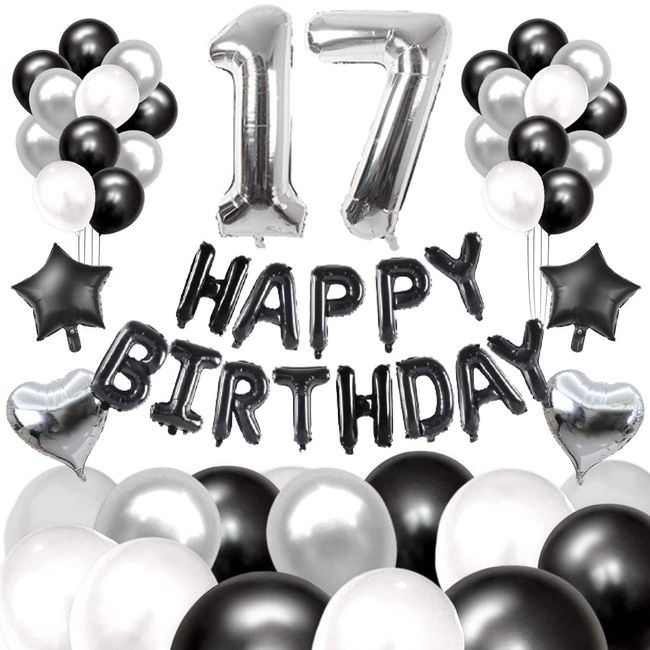 60 Pcs 17th Birthday Decoration Set, Number Balloons, Combination, Happy Birthday Banner, Black, Silver, Balloons, Birthday Decoration, Boys and Girls