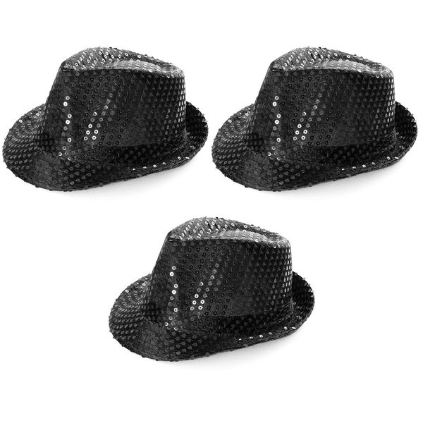 Black Trilby Hat - Black Sequin Fedora Hat 1920's Gangster Fancy Dress Unisex Accessory - Perfect for Sporting Events, Dance Shows, Parties and Fancy Dress Events - Pack Of 1