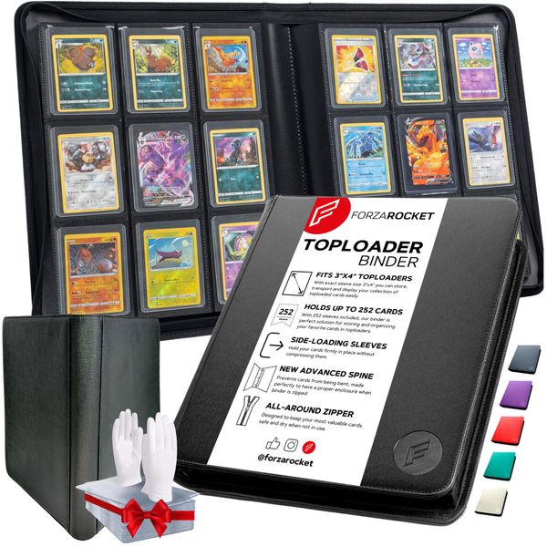 FORZAROCKET Toploader Binder, Holds 252 Cards in Toploaders, 8 INCLUDED, Waterproof PU Leather, Ringless Double-Sided Pages, Archival Safe Pockets, Pleasurable Inner Lining (9 pocket, Jeans Black)