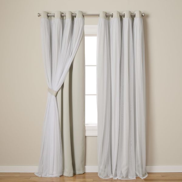 Exclusive Home Catarina Layered Solid Room Darkening Blackout and Sheer Grommet Top Curtain Panel Pair, 52"x84", Sand color