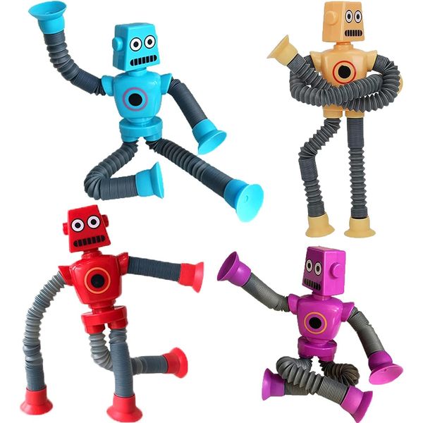 Dutotim Telescopic Suction Cup Robot Toy, 4 LED Lights, Funny Pop Tube, Shape Changing, Tres Relief, Stretch, Suction Toy, Sensory Toy, Birthday Gift (4 Pcs Robots)